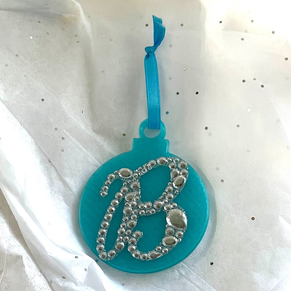 Initial B Rhinestone Blue Christmas Ornament-New!